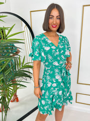 The Murron - Green Floral Wrap Mini Dress