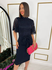 The Lucine - Navy High Neck Lace Midi Dress