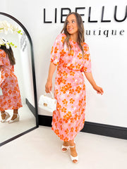 The Polly - Pink and Orange Floral Satin Midi Dress