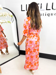 The Polly - Pink and Orange Floral Satin Midi Dress