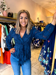 The Cecilia - Navy Wrap Tie Blouse