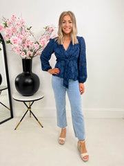 The Cecilia - Navy Wrap Tie Blouse