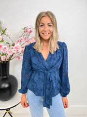 The Cecilia - Navy Wrap Tie Blouse