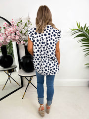 The Arabella - Navy Polka Dot Frill Sleeve Blouse