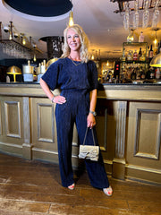 The Marjorie - Navy Pleated Batwing Jumpsuit