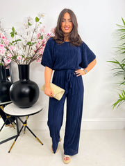The Marjorie - Navy Pleated Batwing Jumpsuit