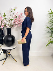The Marjorie - Navy Pleated Batwing Jumpsuit