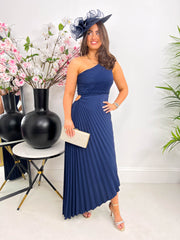 The Zoey - Navy Pleated Asymmetrical Midi Dress