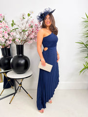 The Zoey - Navy Pleated Asymmetrical Midi Dress