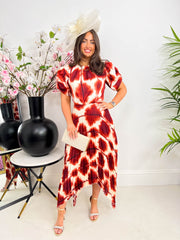 The Khloe - Red and White Pleated Asymmetric Midi Dress