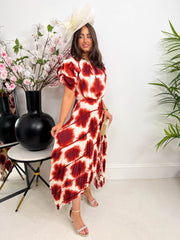 The Khloe - Red and White Pleated Asymmetric Midi Dress