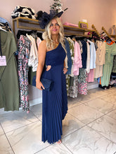 The Zoey - Navy Pleated Asymmetrical Midi Dress