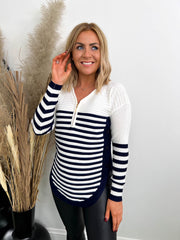The Paige - Half Zip Navy Thin Striped Button Knit