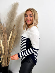 The Paige - Half Zip Navy Thin Striped Button Knit