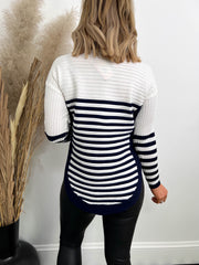 The Paige - Half Zip Navy Thin Striped Button Knit