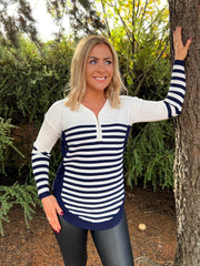 The Paige - Half Zip Navy Thin Striped Button Knit