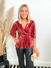 The Lynzie- Red Blouse with Ribbed Detailing