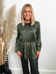 The Alexis- Long Sleeved Satin Blouse with Belt Detail