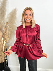The Alexis- Long Sleeved Satin Blouse with Belt Detail