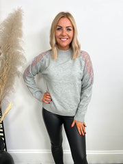 The Anya - Grey Sweatshirt with Diamante Detail Sleeves