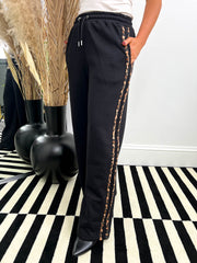 The Kirstie - Black Joggers With Leopard Print Stripe Detail