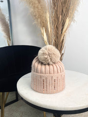 The Tessa- Pink Pom Pom Hat with Pink Diamante Detailing