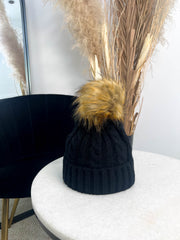 The Rosy- Black Woollen Hat With Pom Pom