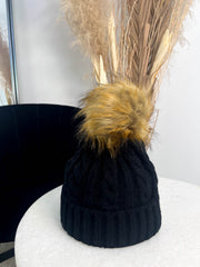 The Rosy- Black Woollen Hat With Pom Pom