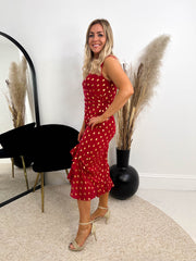 The Harrie - Gold Polka Dot Frill Midi Dress