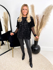 The Gracie - Sequin T-Shirt with Mesh Sleeves