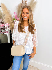 The Diane - White Flower Embroidered Shirt with Short Sheer Sleeves