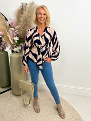 The Sara - Navy Long Sleeve Wrap Blouse