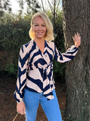 The Sara - Navy Long Sleeve Wrap Blouse