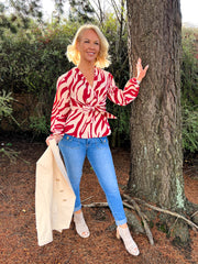 The Sara - Red Long Sleeve Wrap Blouse