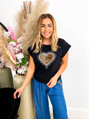 The Patty - Leopard Print Diamante Love Heart T-shirt