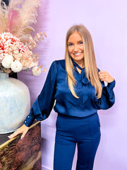 The Jennifer - Tie Neck Navy Blouse