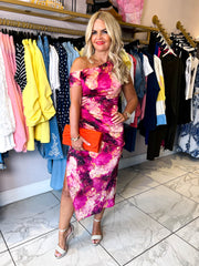 The Lucia - Pink Floral Ruched Midi Dress