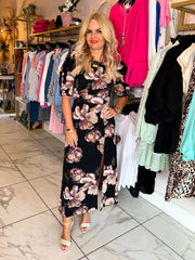 The Nina - Floral Ruffle Sleeve Maxi Dress in Black