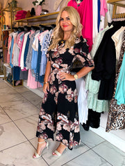 The Nina - Floral Ruffle Sleeve Maxi Dress in Black