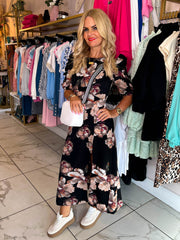 The Nina - Floral Ruffle Sleeve Maxi Dress in Black