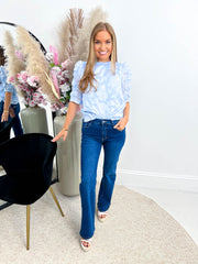 The Cerys - Blue Floral Ruffle Sleeve Blouse