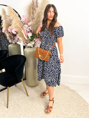 The Taylor - Navy Polka Dot Tiered Midi Dress