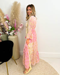 The Lyra- Boho Gold Feather Tiered Maxi Dress