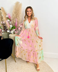 The Lyra- Boho Gold Feather Tiered Maxi Dress