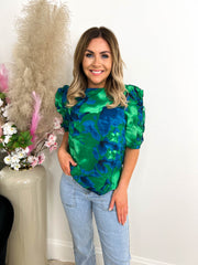 The Cerys- Blue & Green Marble Ruffle Sleeve Blouse
