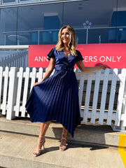 The Everly- Navy Belt Detail Pleated Maxi Dress