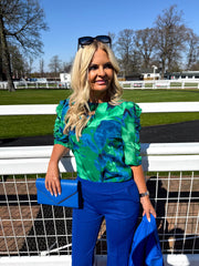 The Cerys- Blue & Green Marble Ruffle Sleeve Blouse