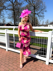 The Lucia - Pink Floral Ruched Midi Dress