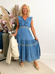 The Faye- Frill Neck Denim Maxi Dress