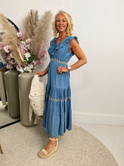The Faye- Frill Neck Denim Maxi Dress